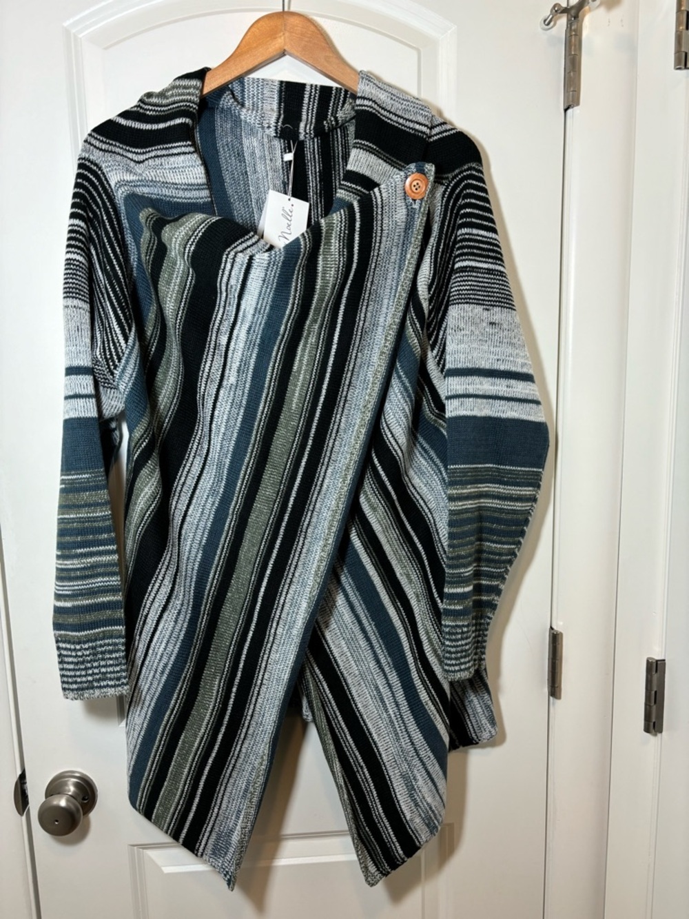 Simply Noelle Striped Hooded Cardigan in Black, Gray & Teal